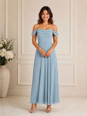 THREADS OFF-THE-SHOULDER DRAPED NECKLINE MAXI DRESS IN MORNING SKY SIZE 4 L